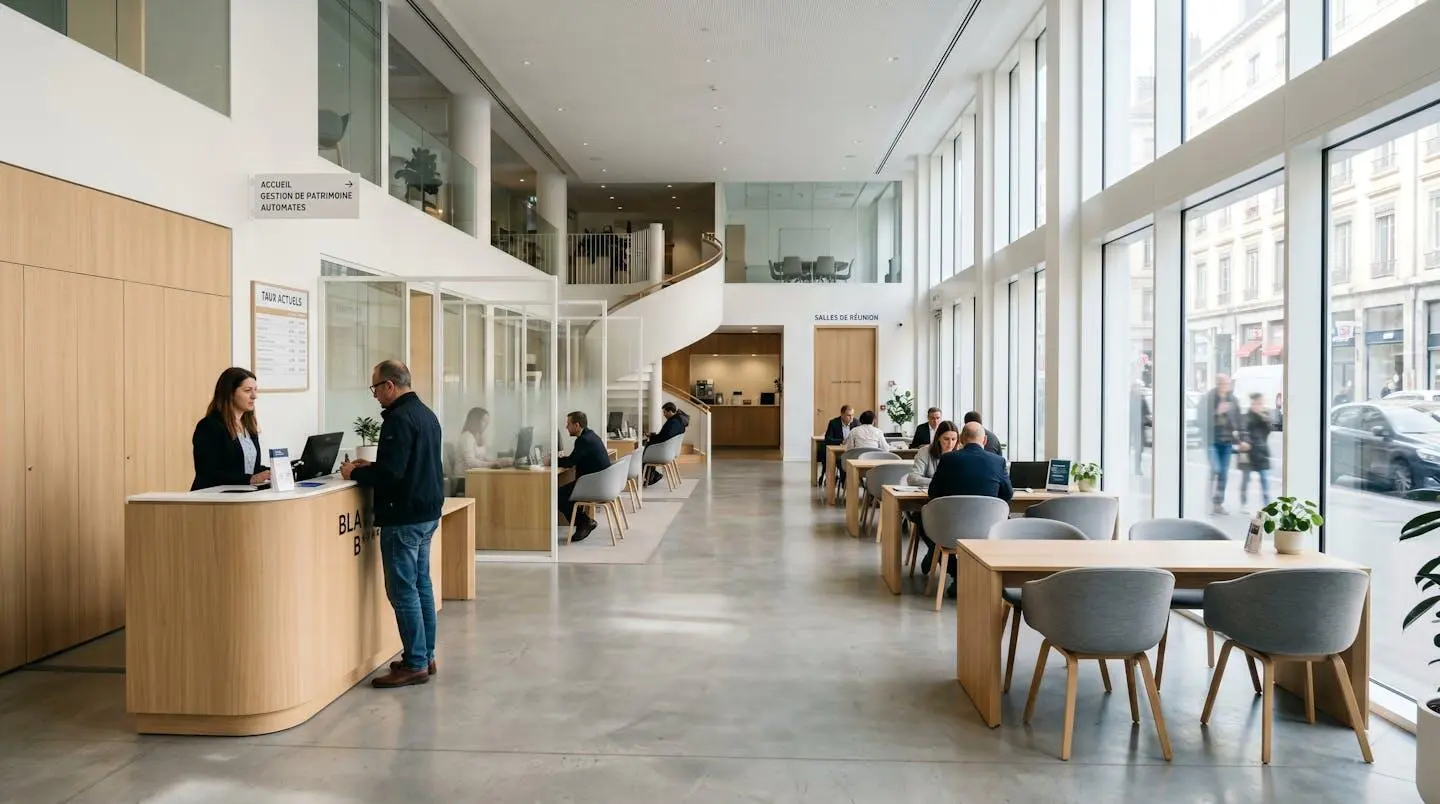 Intérieur d'une agence bancaire française moderne avec larges baies vitrées laissant entrer une lumière naturelle abondante et mobilier contemporain épuré