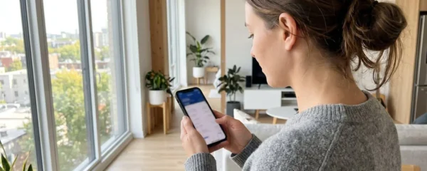 Une personne consulte une application bancaire sur son smartphone dans un intérieur contemporain lumineux