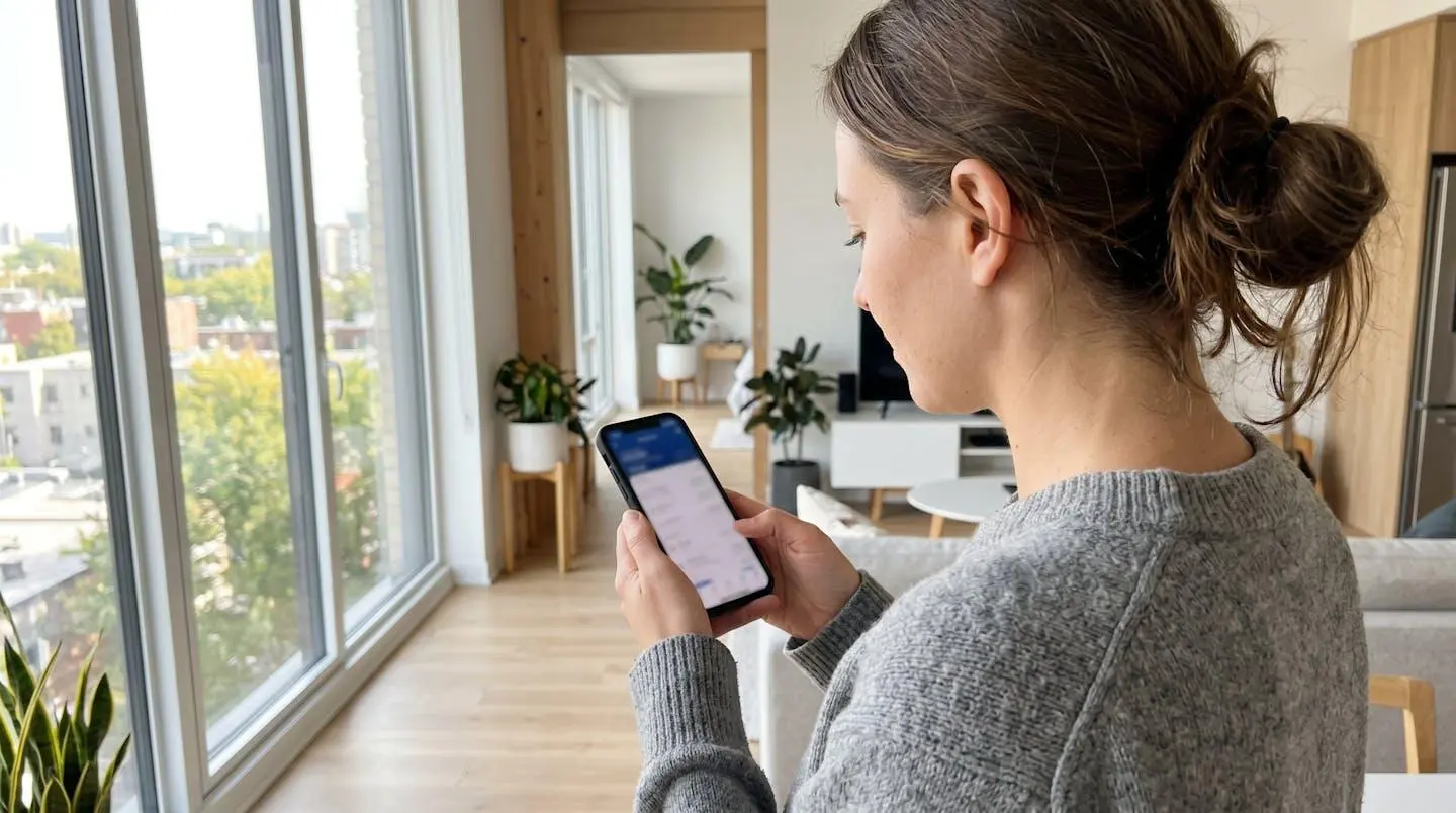 Une personne consulte une application bancaire sur son smartphone dans un intérieur contemporain lumineux