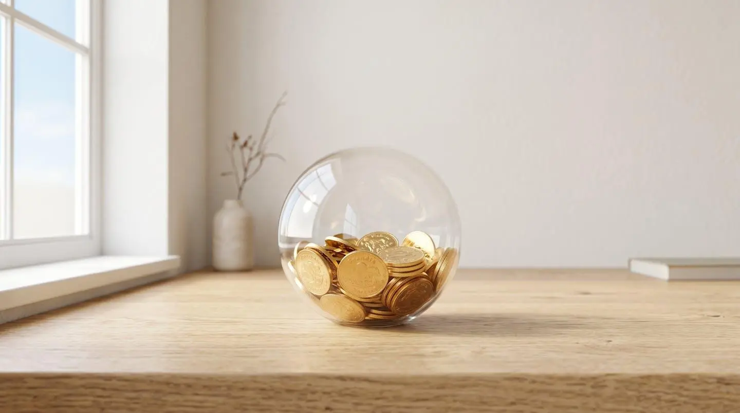 Globe en verre transparent avec pièces d'or à l'intérieur, symbolisant une expansion internationale sereine et maîtrisée.