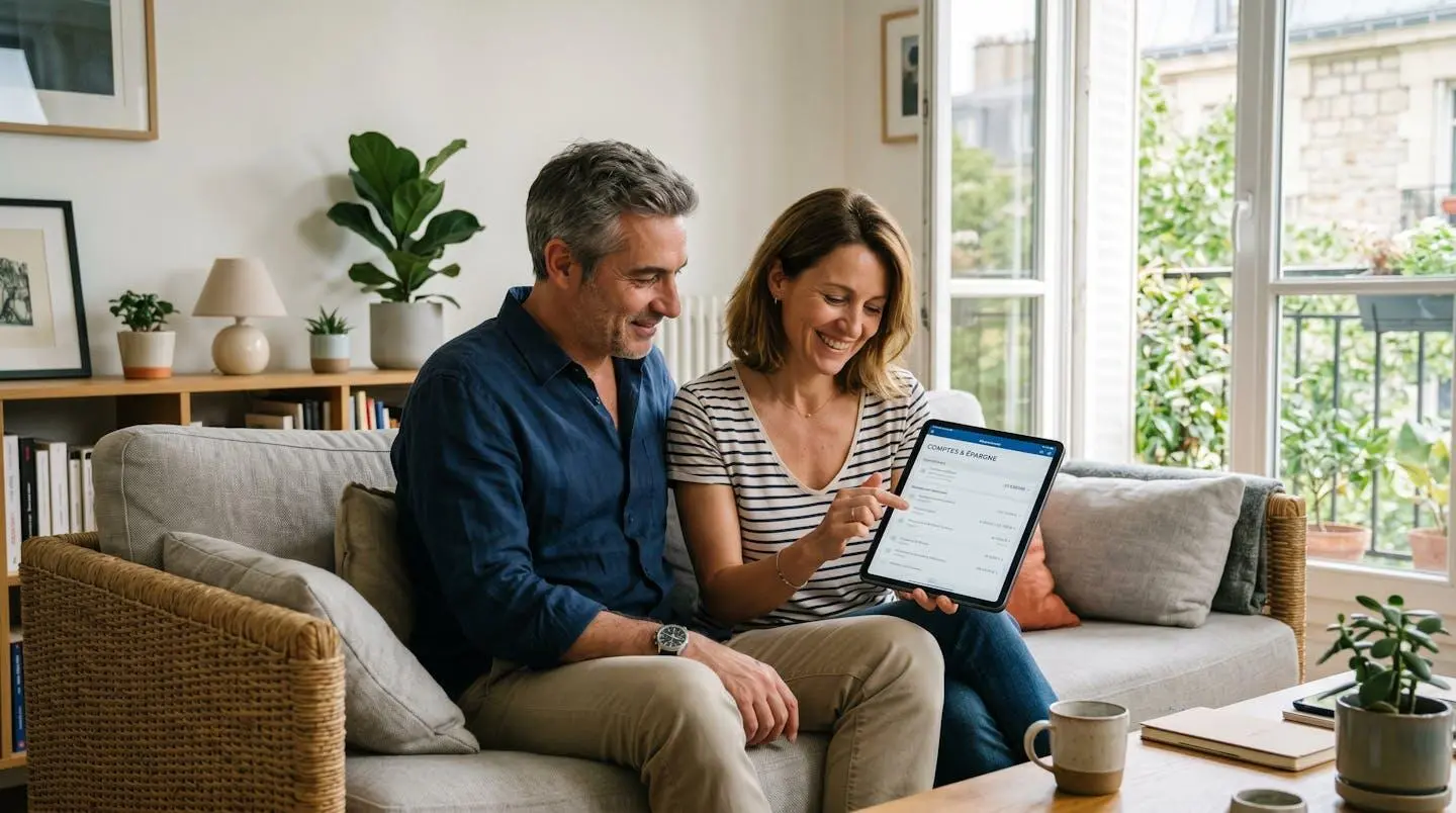 Un couple examinant leur relevé bancaire sur une tablette dans leur salon