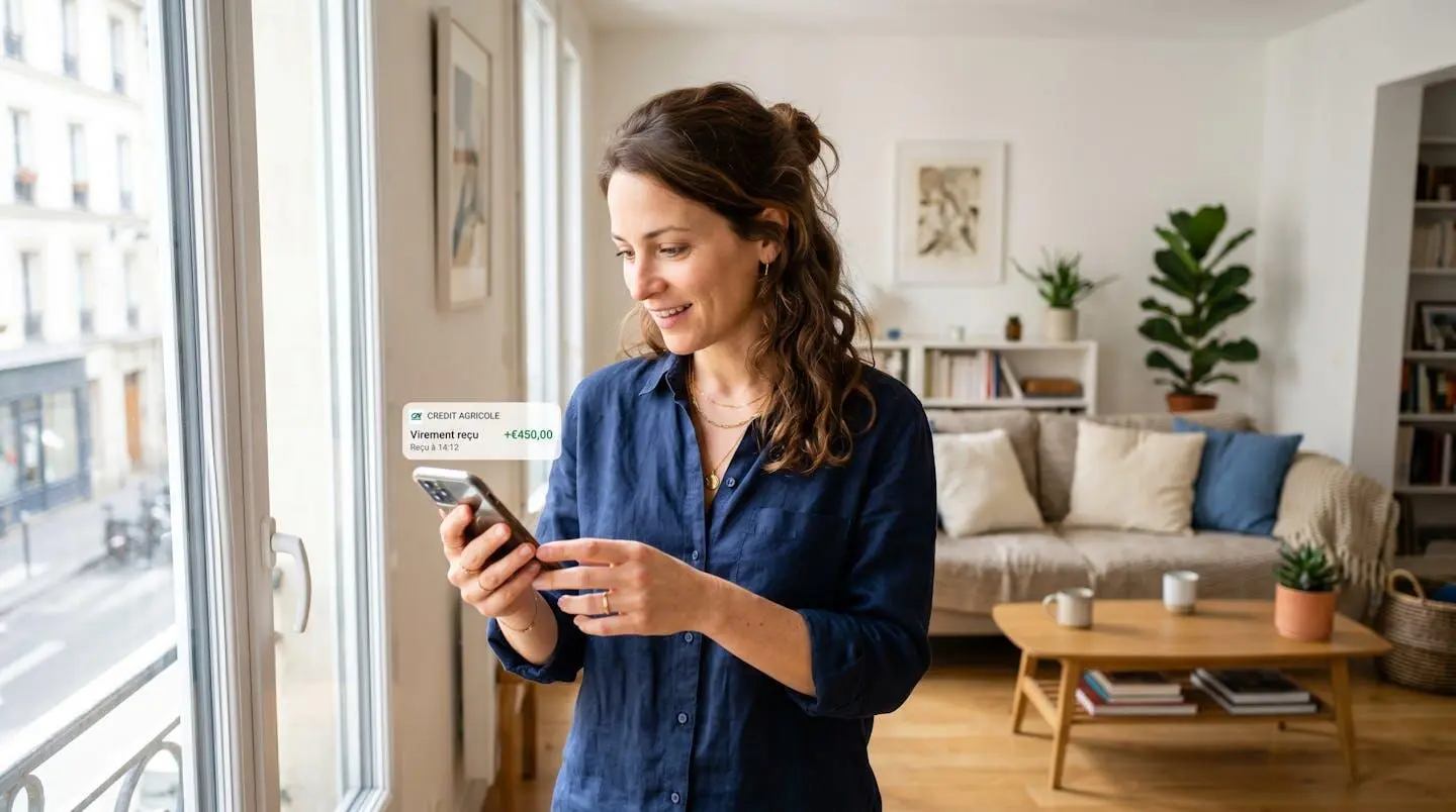 Une femme recevant une notification de paiement bancaire sur son smartphone dans son appartement