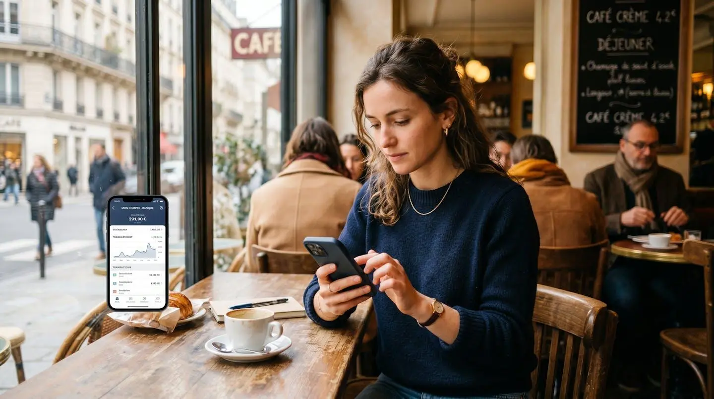 Une personne en train de consulter son application bancaire sur smartphone dans un café