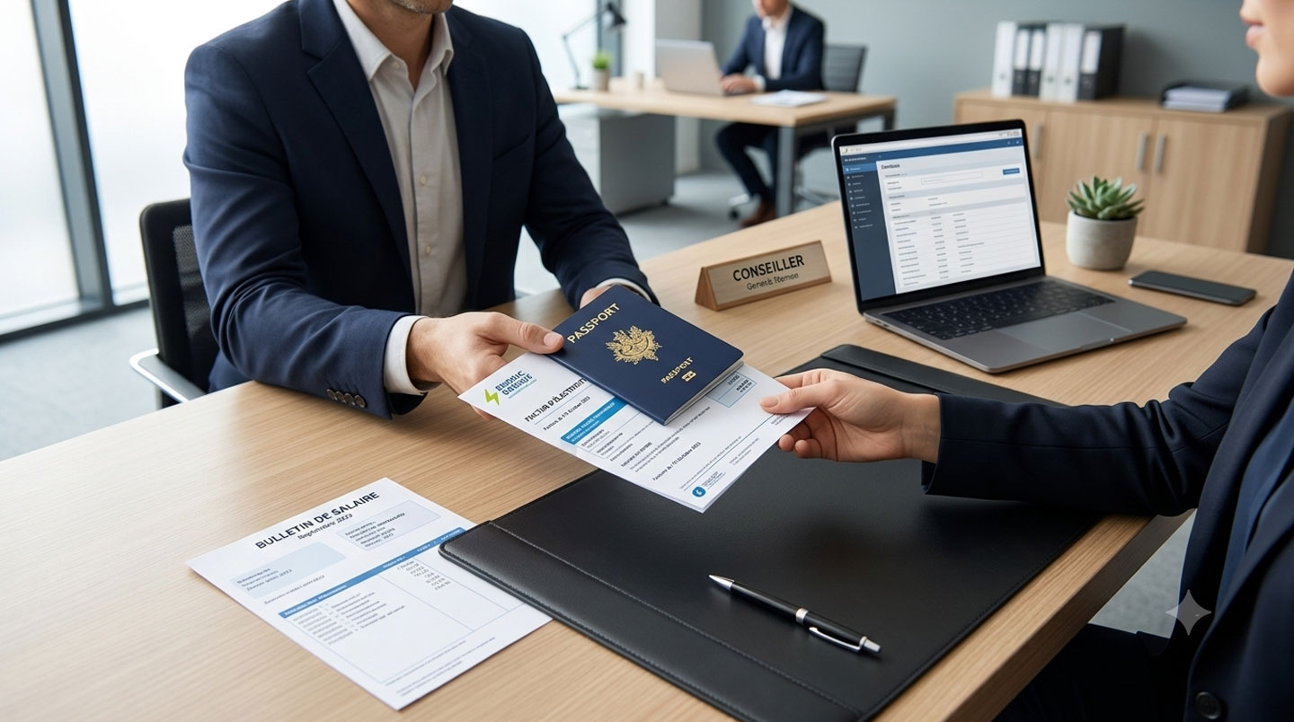 Documents nécessaires pour ouverture de compte : passeport, justificatif de domicile et bulletin de paie arrangés sur surface blanche