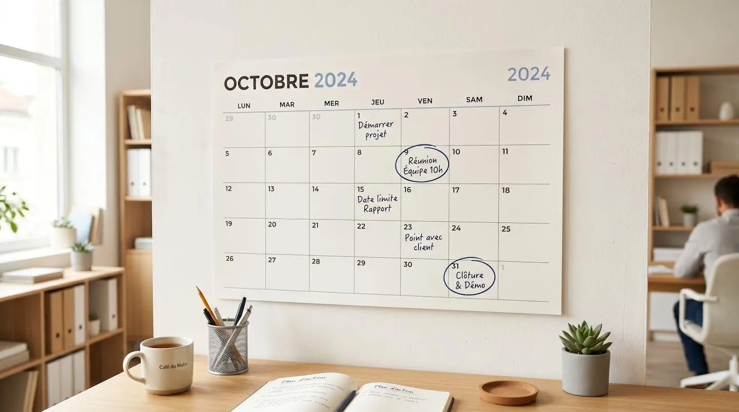 Calendrier mural avec dates importantes entourées et annotations manuscrites dans un bureau moderne lumineux