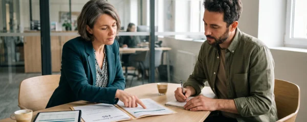 Conseillère bancaire et porteur de projet associatif en entretien de financement ESS autour d'une table de réunion dans une agence bancaire coopérative contemporaine, dossier de financement et tablette sur la table