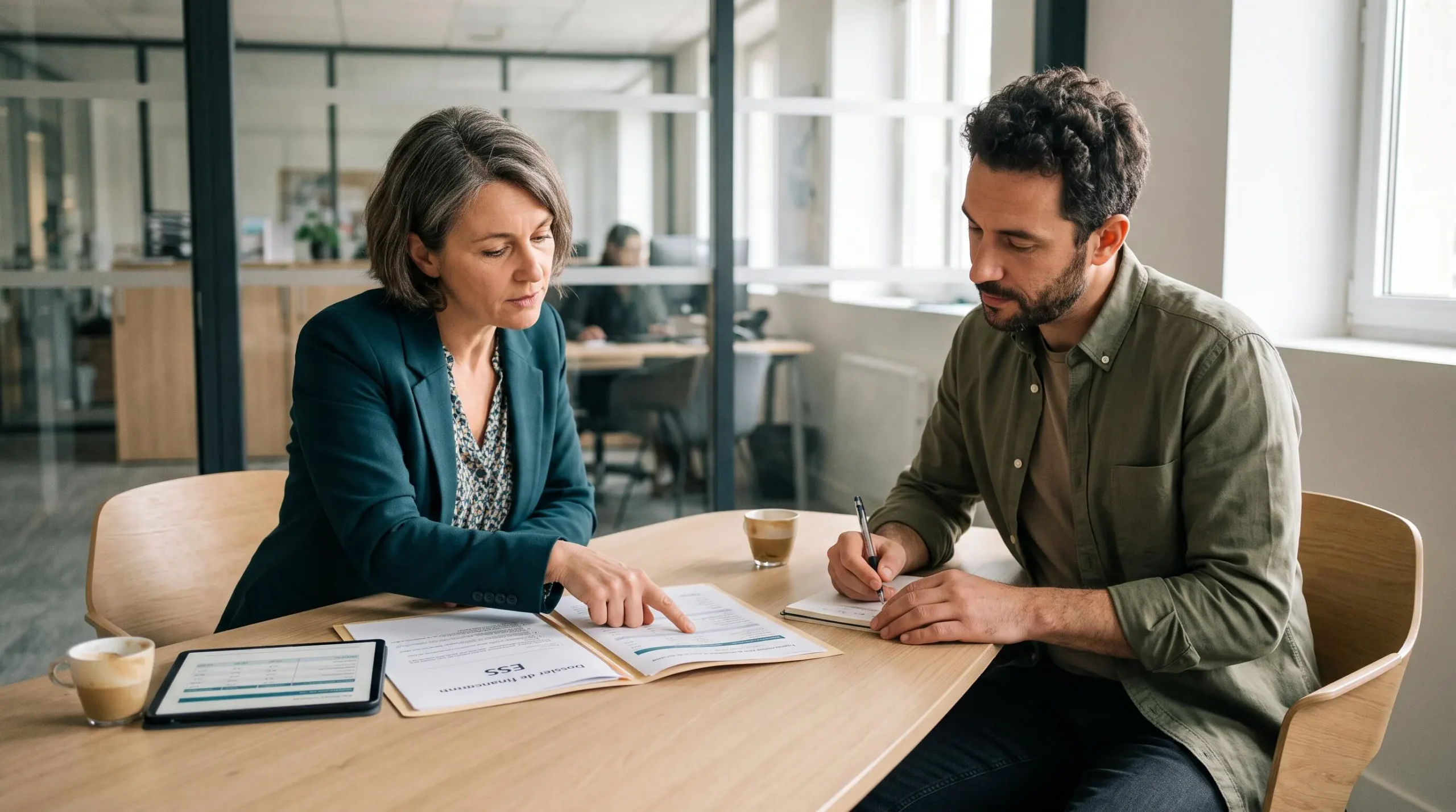 Conseillère bancaire et porteur de projet associatif en entretien de financement ESS autour d'une table de réunion dans une agence bancaire coopérative contemporaine, dossier de financement et tablette sur la table