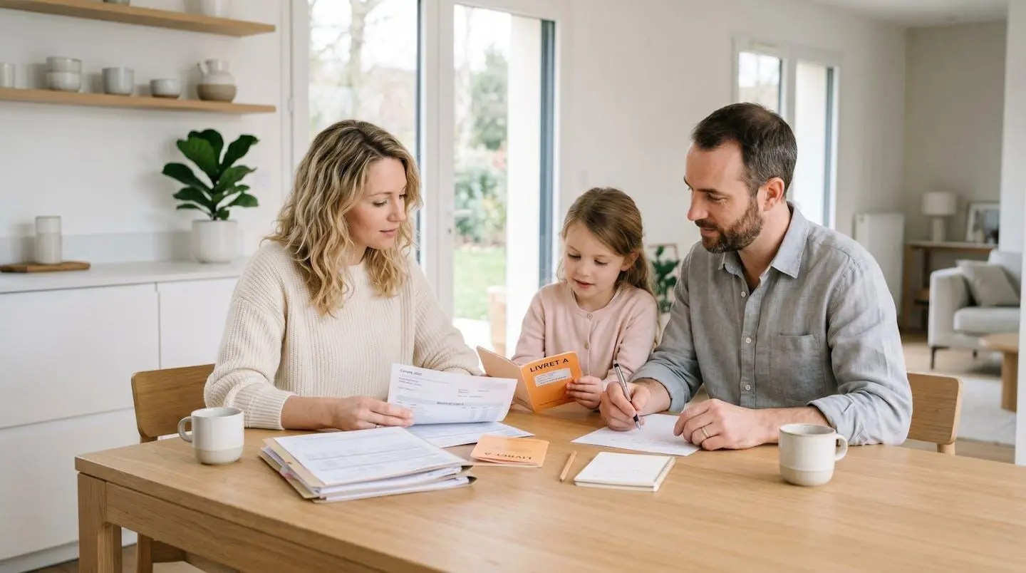 Famille consultant des documents d'épargne ensemble autour d'une table de cuisine moderne avec livrets et papiers organisés