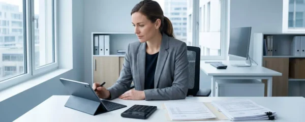 Personne consultant un relevé bancaire sur tablette dans un bureau moderne avec calculatrice et documents financiers organisés
