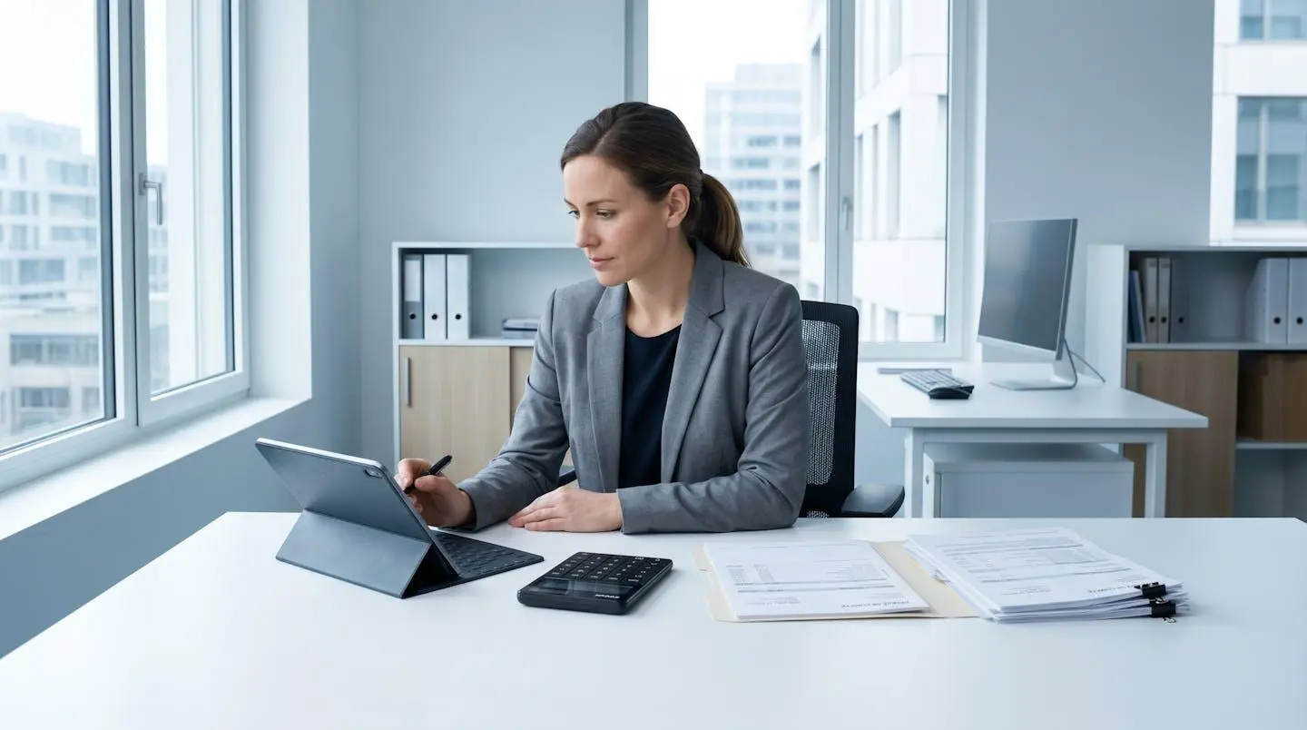 Personne consultant un relevé bancaire sur tablette dans un bureau moderne avec calculatrice et documents financiers organisés
