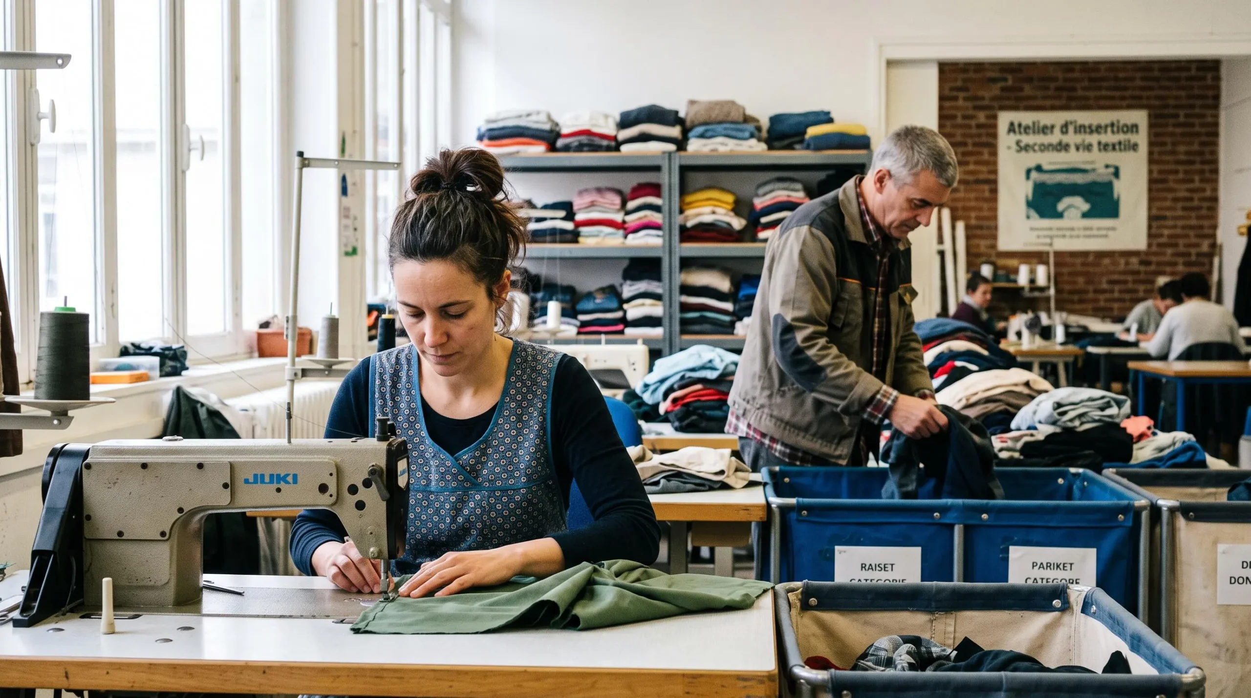 Salariée en insertion cousant un vêtement sur machine industrielle dans un atelier lumineux de réemploi textile, collègue triant des vêtements en arrière-plan