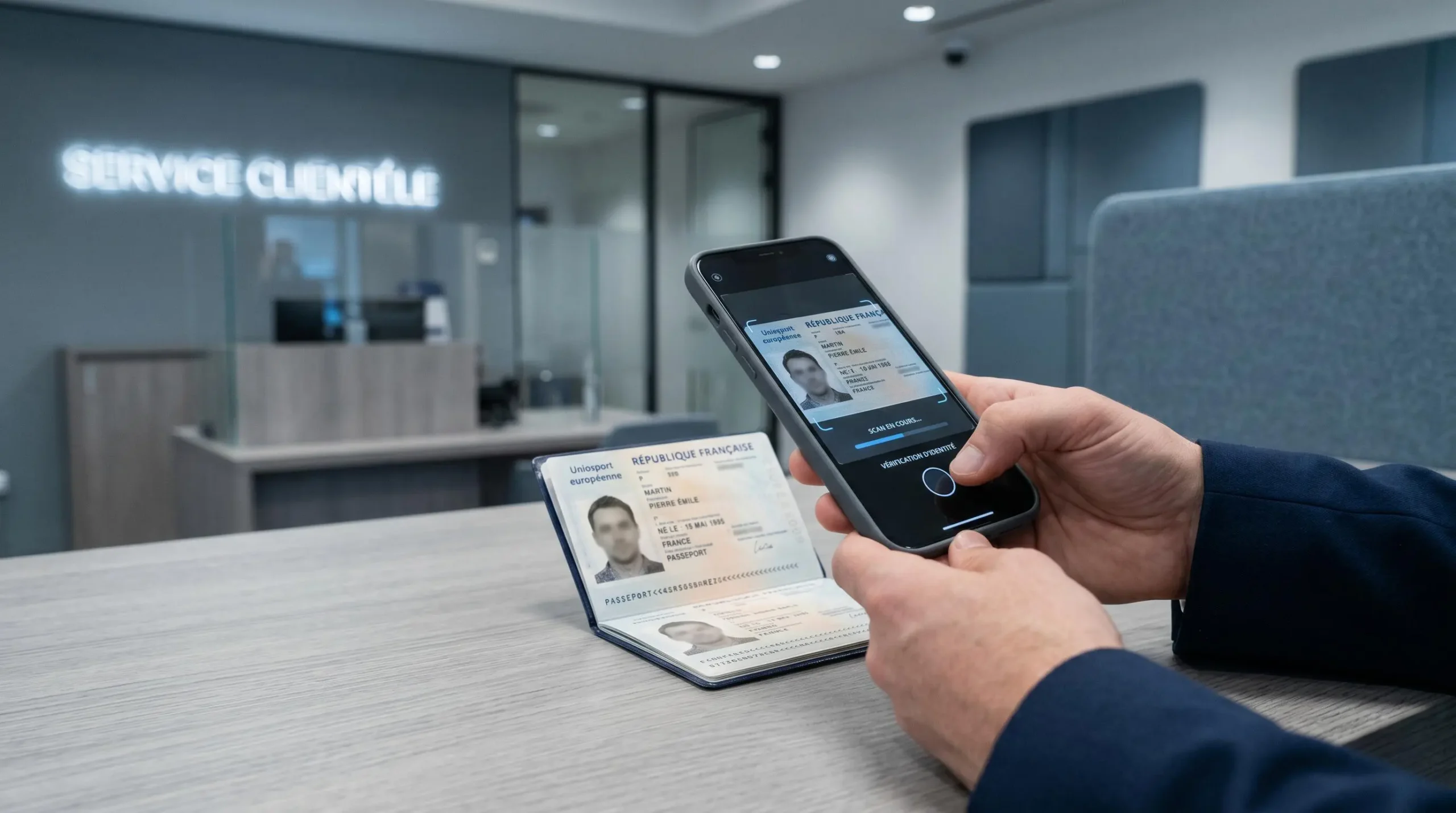 Smartphone effectuant la vérification d'identité numérique d'un passeport dans un environnement bancaire sécurisé