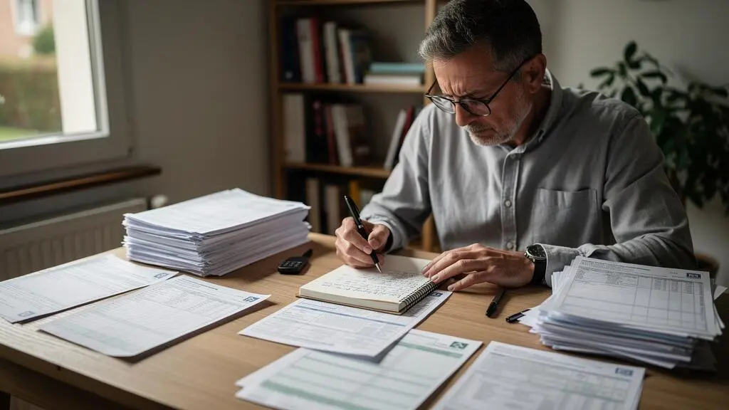 Adulte consultant attentivement des documents financiers et fiscaux sur une table de travail à domicile, avec un carnet de notes à portée de main