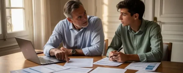 Parent et jeune adulte discutant autour de documents financiers sur une table à domicile, dans un environnement familial naturel