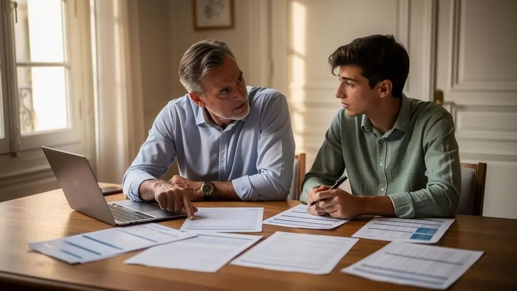 Parent et jeune adulte discutant autour de documents financiers sur une table à domicile, dans un environnement familial naturel