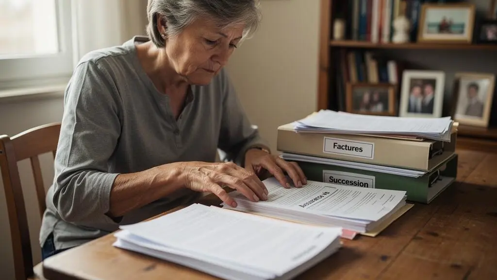 Senior organisant méthodiquement des documents patrimoniaux et financiers sur une table, triant des papiers dans un environnement domestique calme