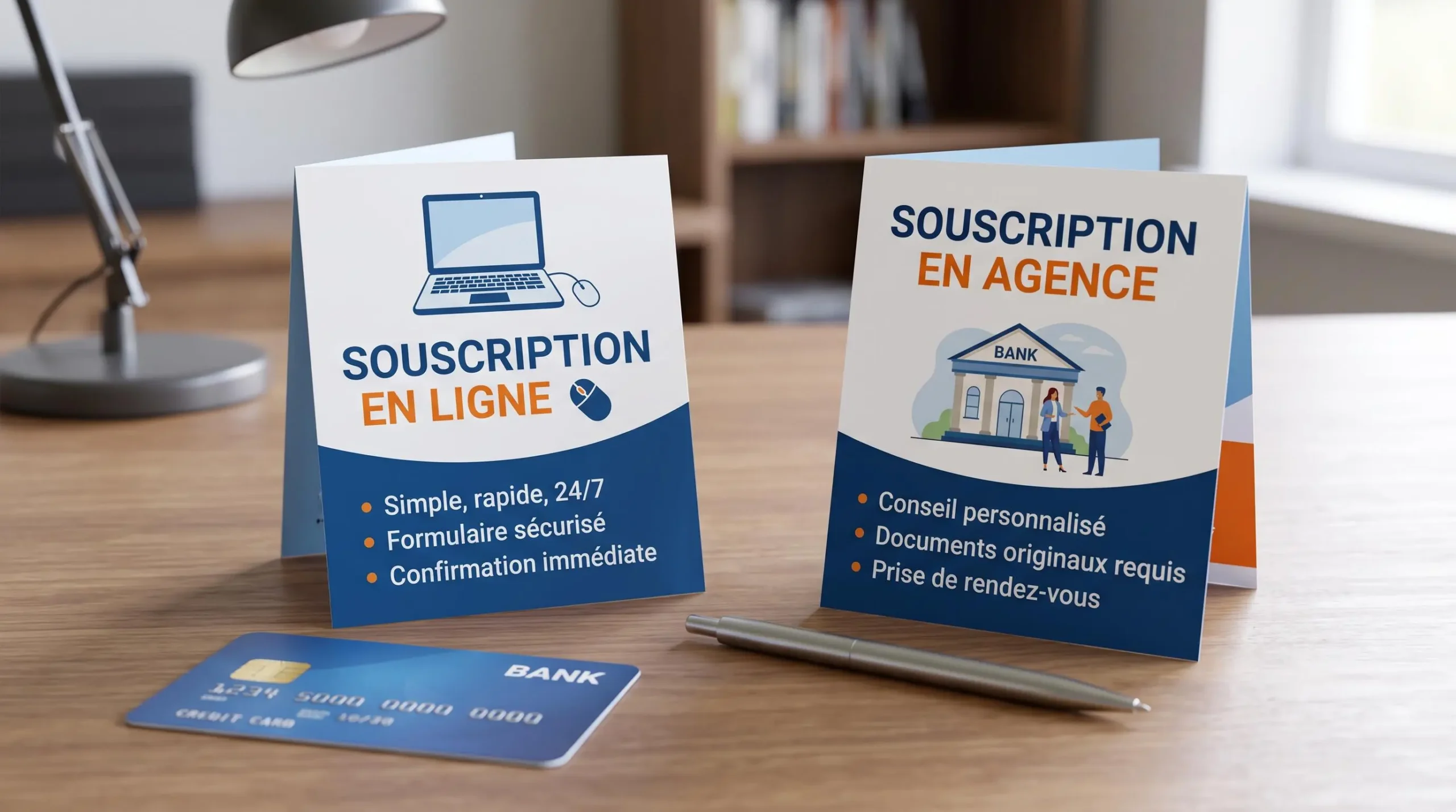 Carte bancaire générique et documents présentant deux modalités de souscription.
