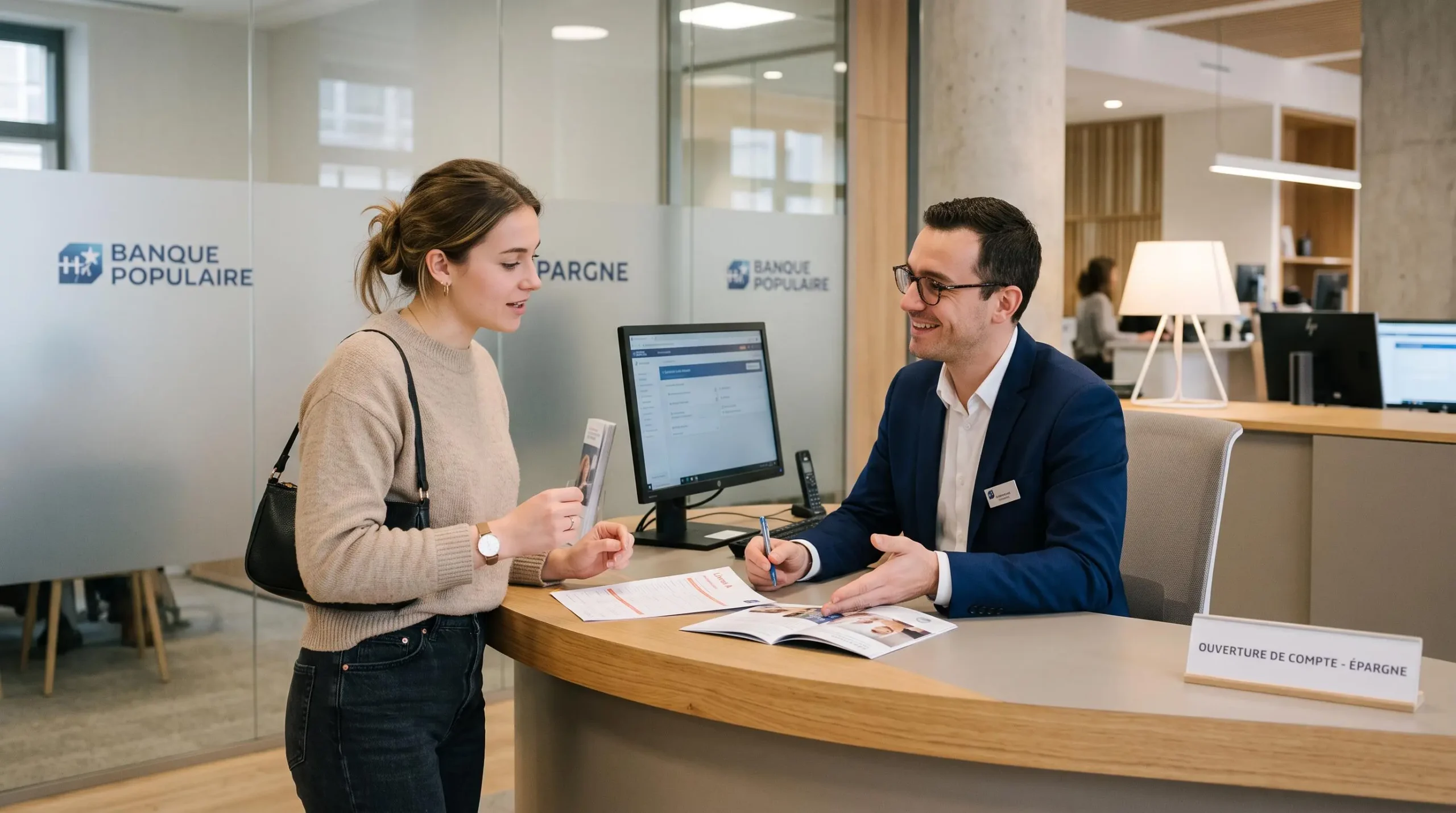 Une jeune femme échange avec un conseiller bancaire au comptoir d'une agence.