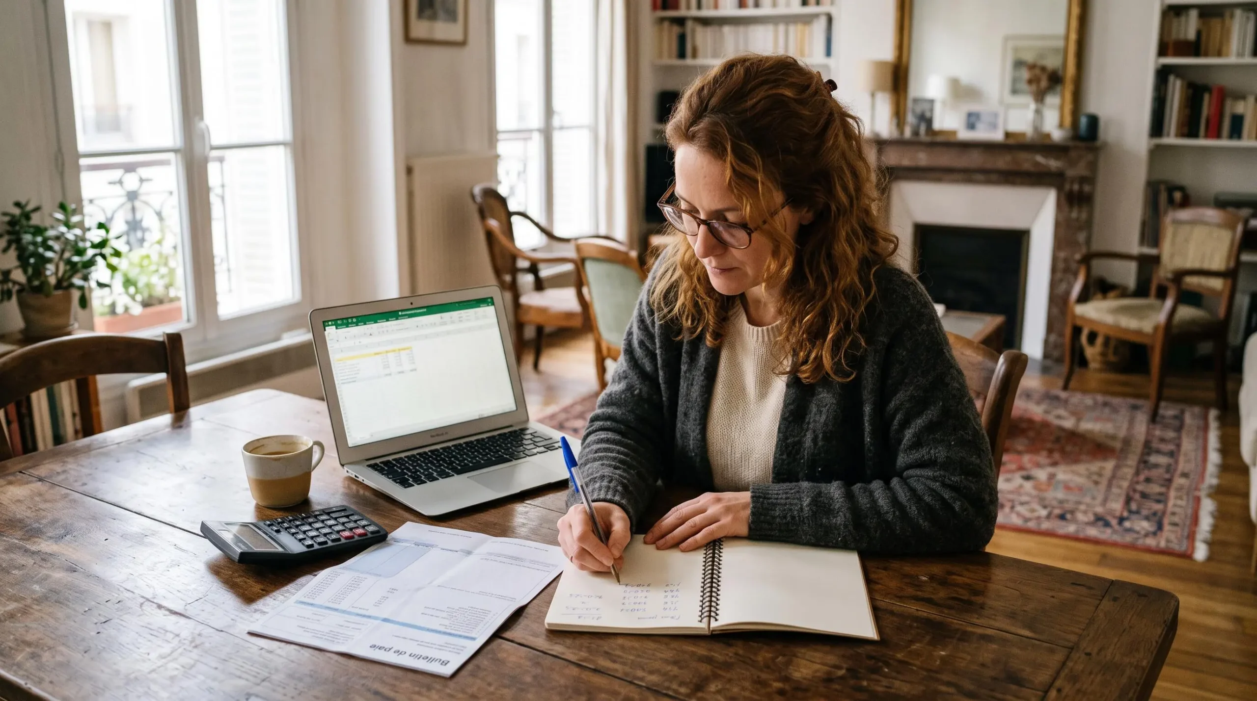 Une femme calcule son économie d'impôt sur un PER à sa table