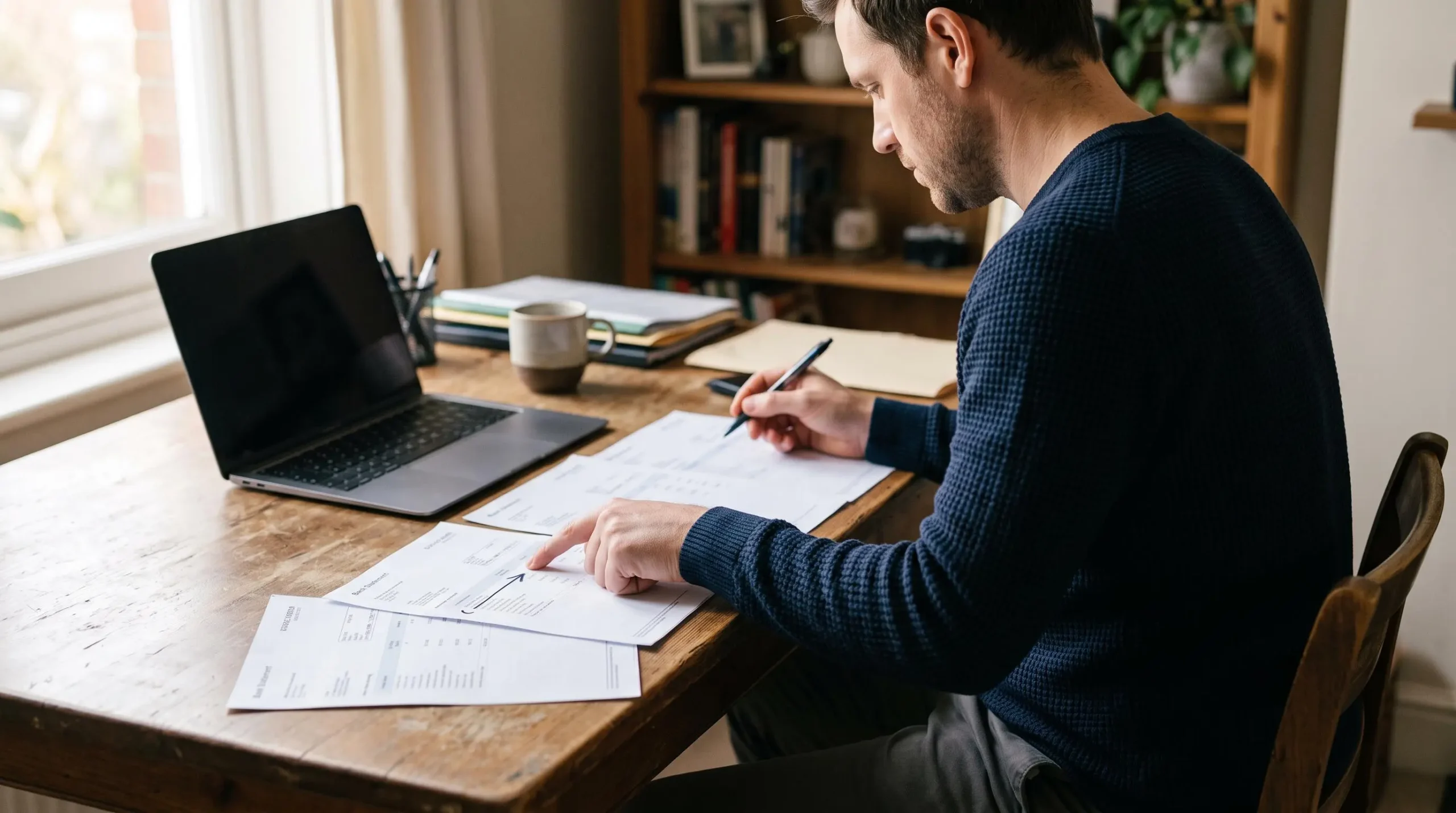 Un homme compare ses relevés bancaires des dernières années à son bureau