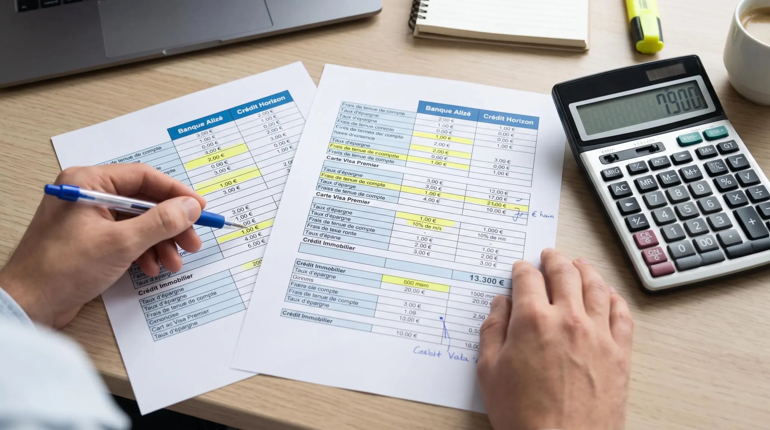 Deux grilles de comparaison bancaires fictives examinées à côté d’une calculatrice.