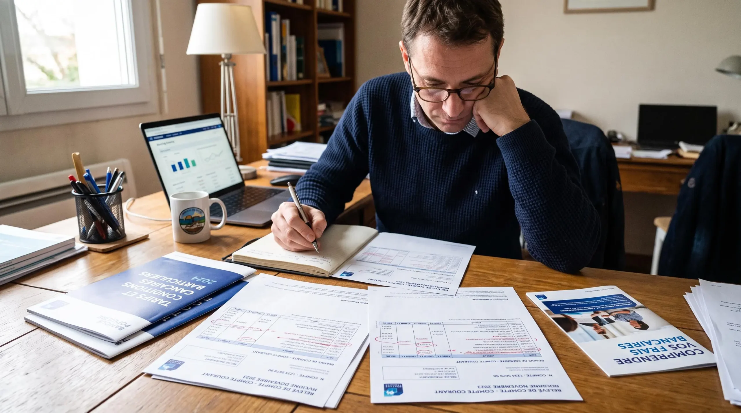 Documents bancaires et relevé de compte examinés pour comprendre les frais d’un compte courant.